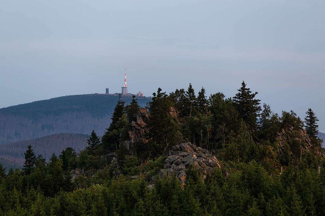 Blick von der Leistenklippe über die Grenzklippe zum Brocken