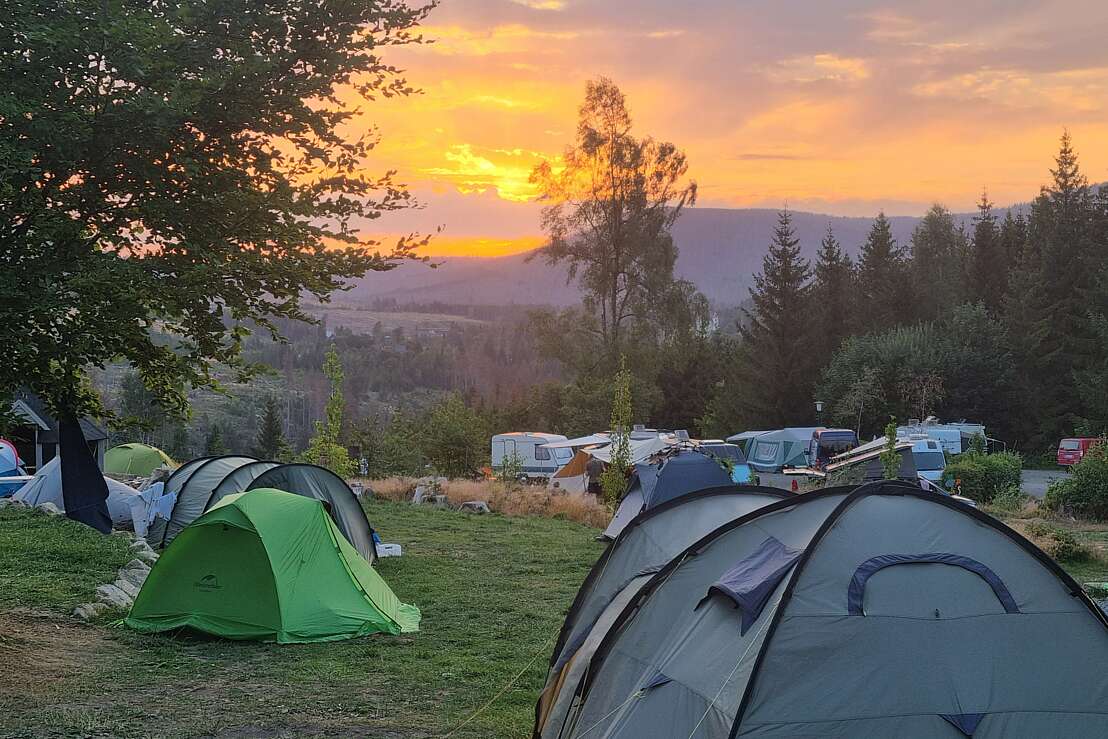 Harz Mountain Camp - Zeltgelände im Sonnenuntergang